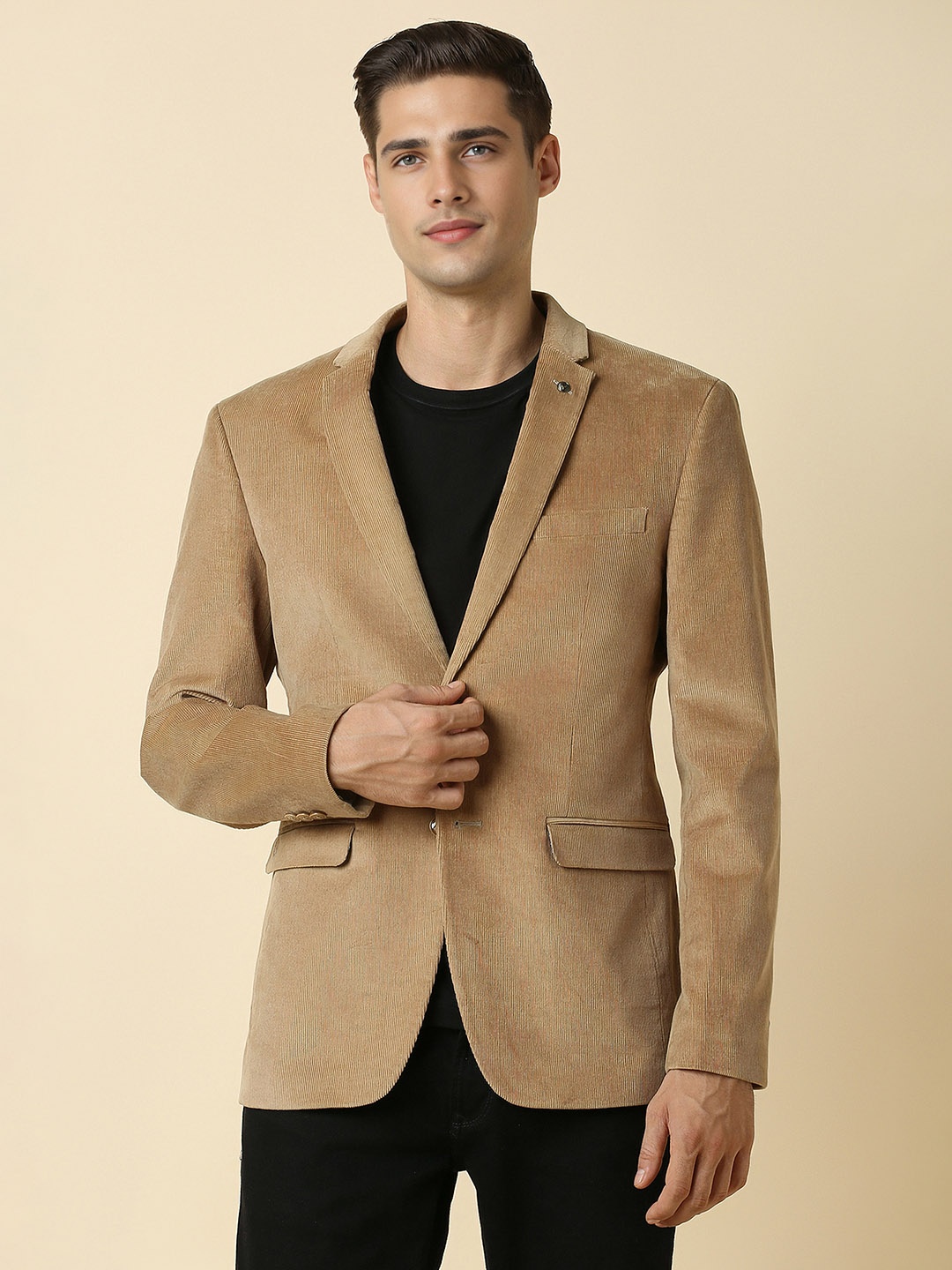 

Allen Solly Slim-Fit Striped Notched Lapel Collar Single Breasted Blazer, Brown