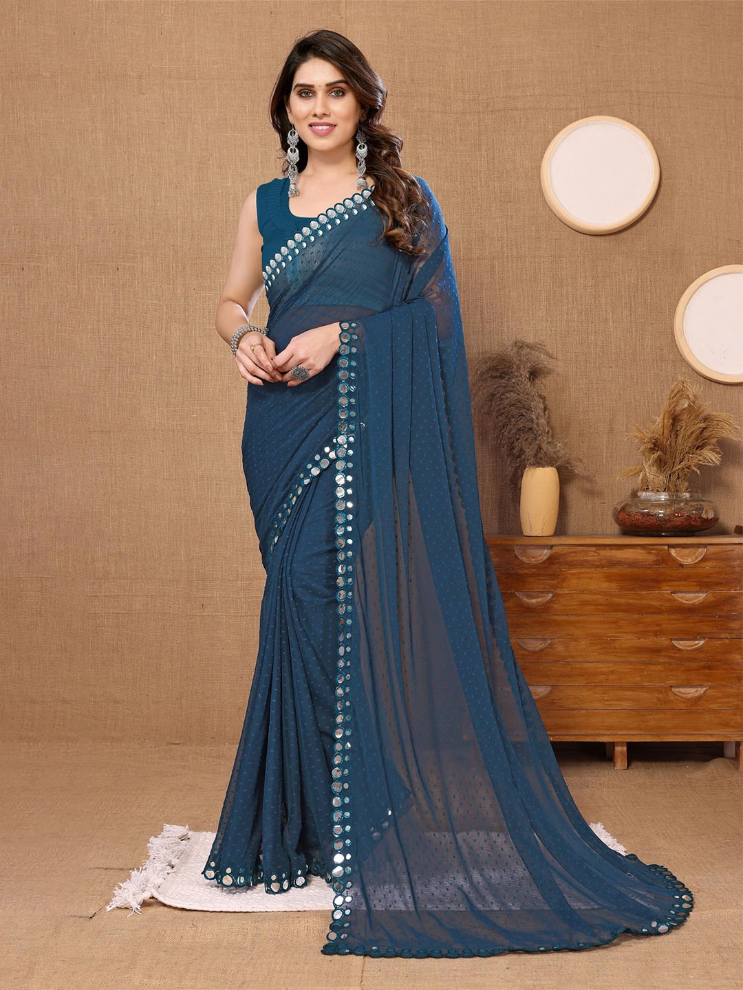 

Reeta Fashion Ethnic Motifs Mirror Work Pure Georgette Banarasi Saree, Blue