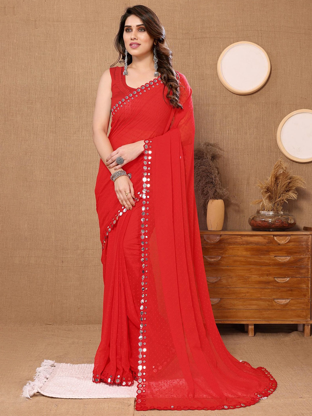 

Reeta Fashion Embellished Pure Georgette Banarasi Saree, Red