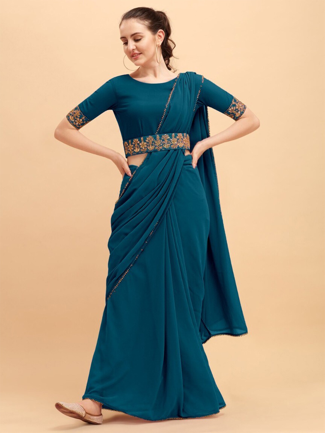 

Reeta Fashion Pure Georgette Belted Banarasi Saree, Teal