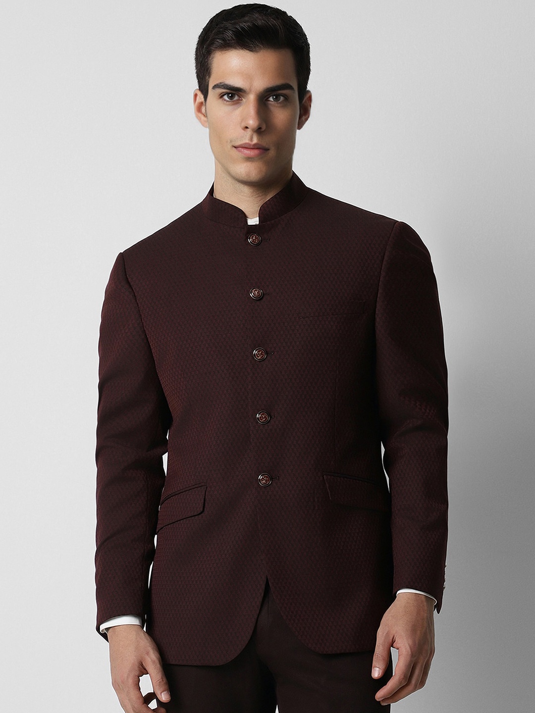 

Van Heusen Textured Mandarin Collar Long Sleeves Single-Breasted Slim Fit Blazers, Maroon