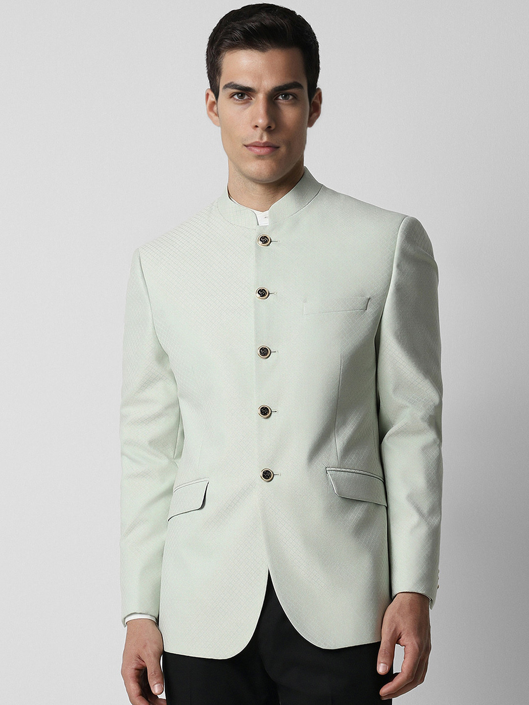 

Van Heusen Textured Slim Fit Single-Breasted Bandhgala Blazers, Green
