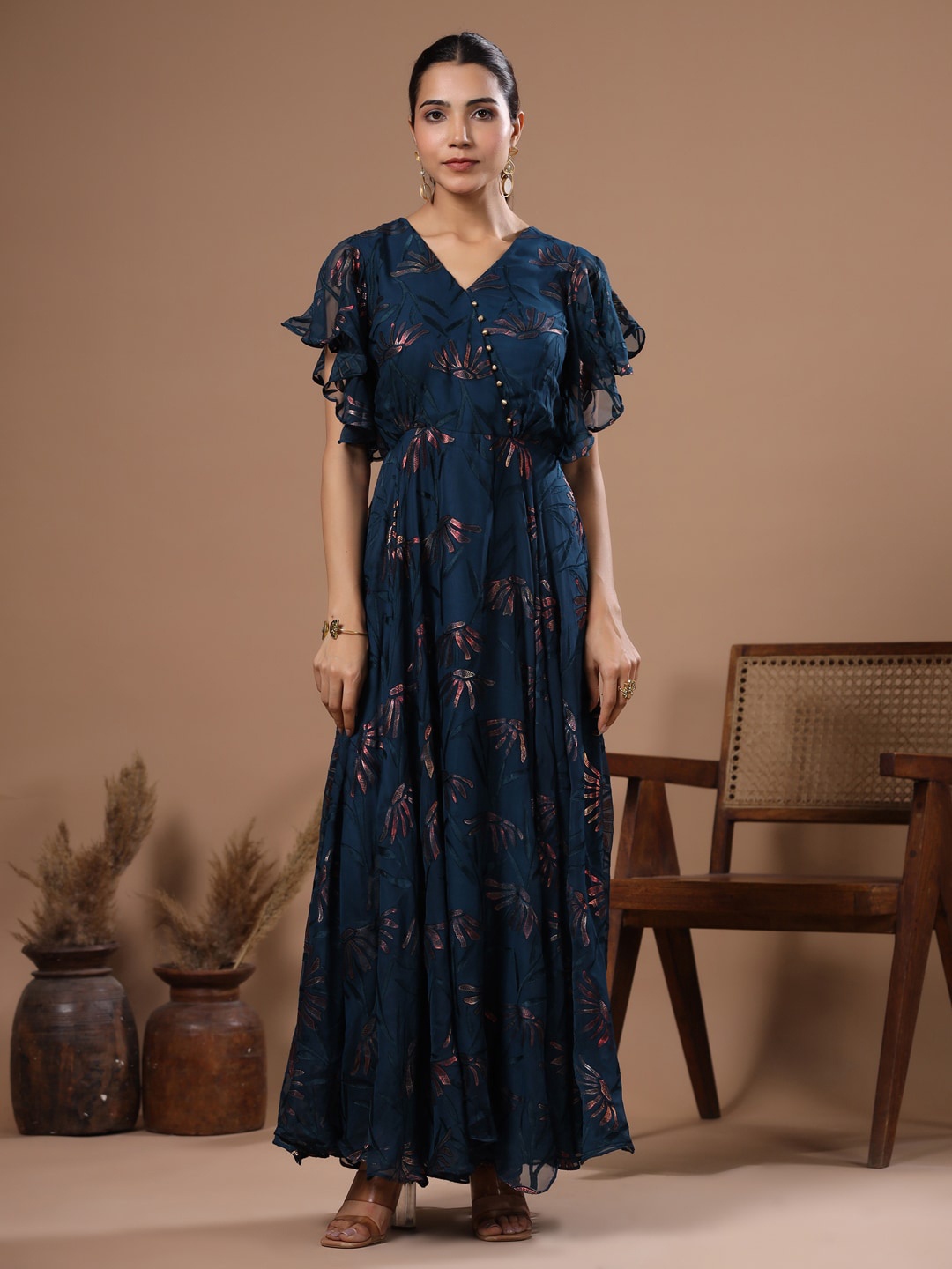 

FASHOR Floral Printed V-Neck Flutter Sleeve Maxi Dress, Blue