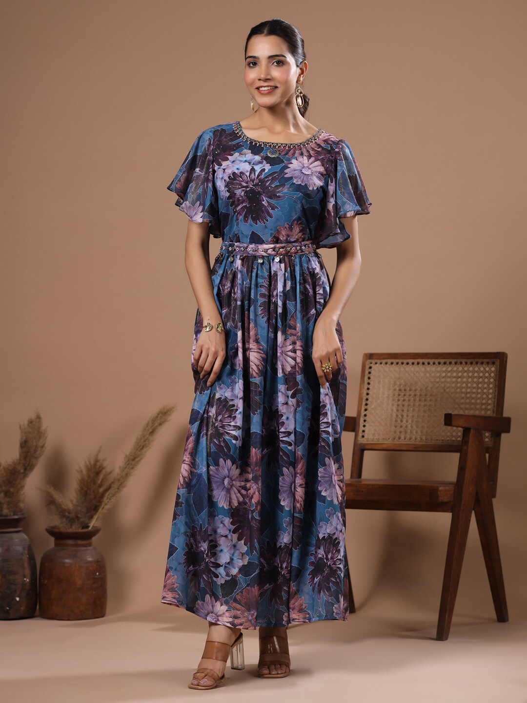 

FASHOR Floral Printed Flutter Sleeve Crepe Maxi Dress, Blue