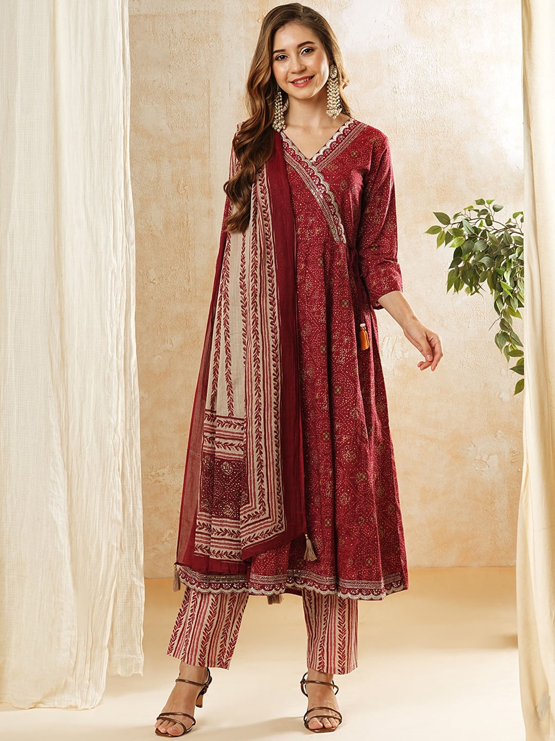 

FASHOR Bandhani Printed Mirror Work Pure Cotton Angrakha Kurta with Palazzos & Dupatta, Maroon