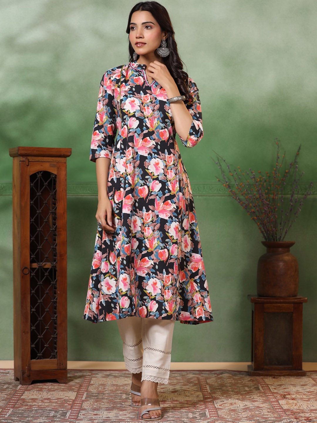 

FASHOR Floral Printed Pure Cotton Kurta With Palazzo, Black