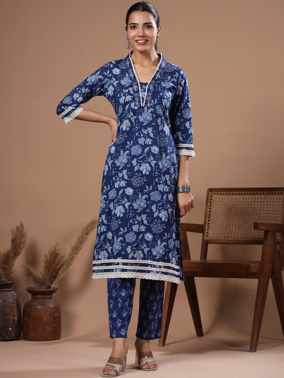

FASHOR Floral Printed Pure Cotton Kurta With Trouser, Blue