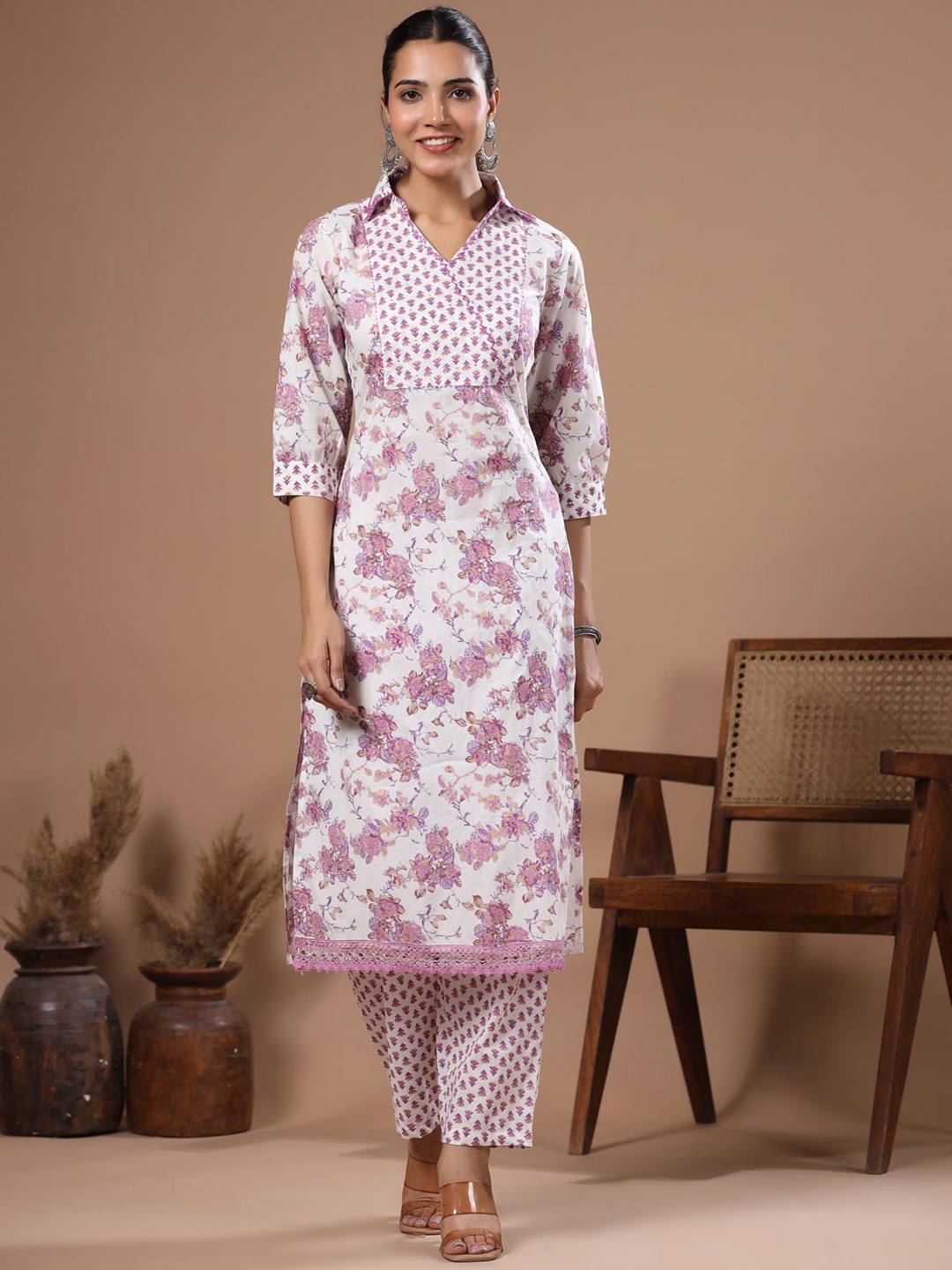 

FASHOR Floral Printed Pure Cotton Kurta With Palazzo, Off white