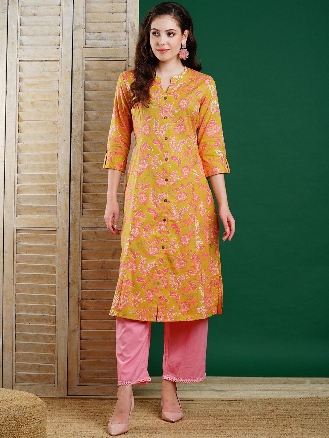 

FASHOR Floral Printed Mandarin Collar Cotton A-line Kurta, Yellow