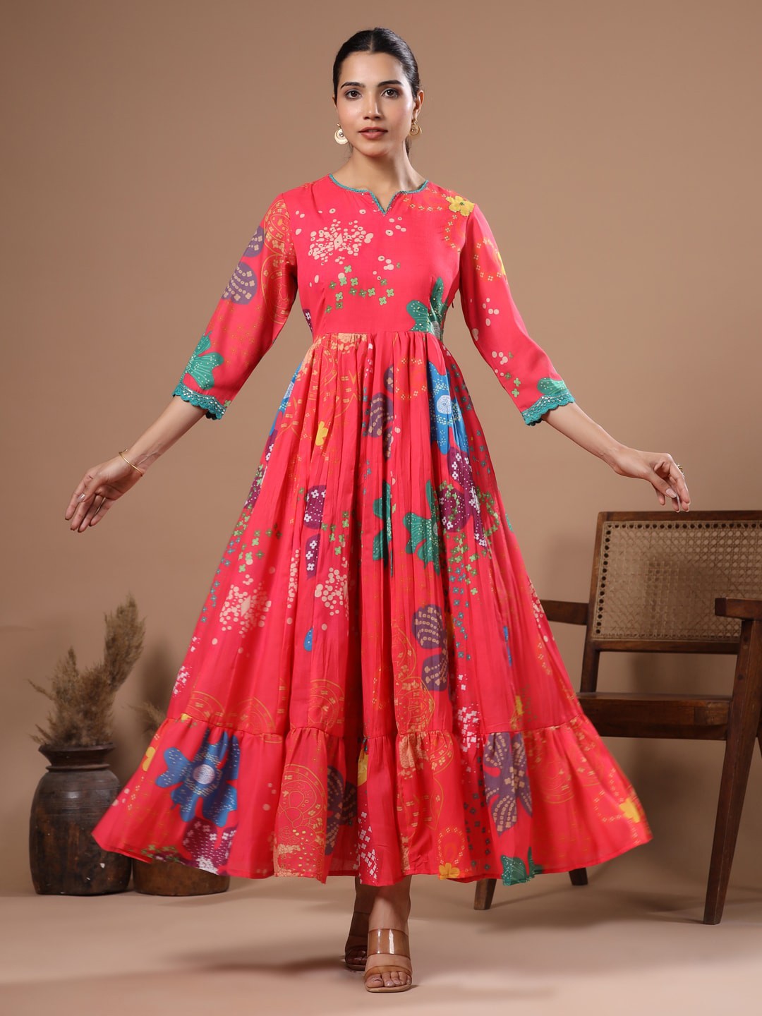 

FASHOR Floral Printed Round Neck Maxi Dress, Pink