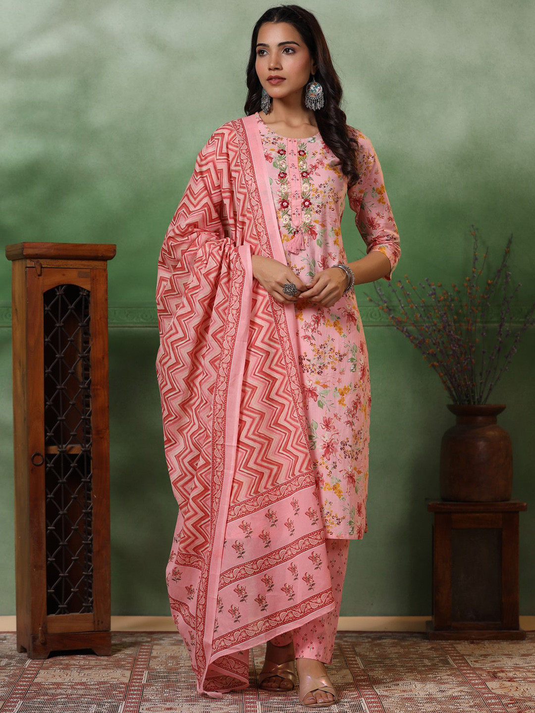 

FASHOR Floral Printed Mirror Work Pure Cotton Straight Kurta with Trousers & Dupatta, Pink