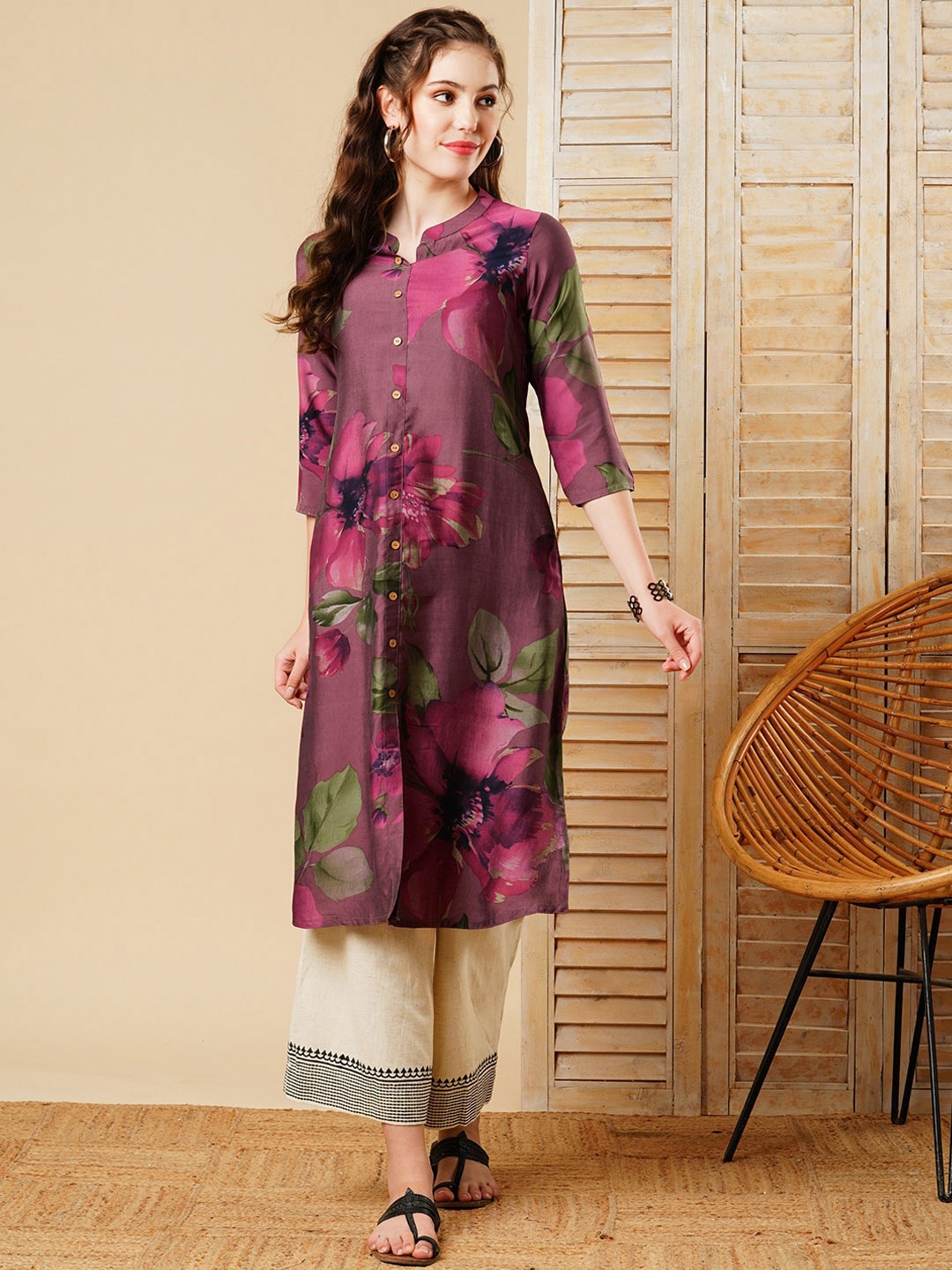 

FASHOR Floral Printed Band Collar Straight Kurta, Mauve