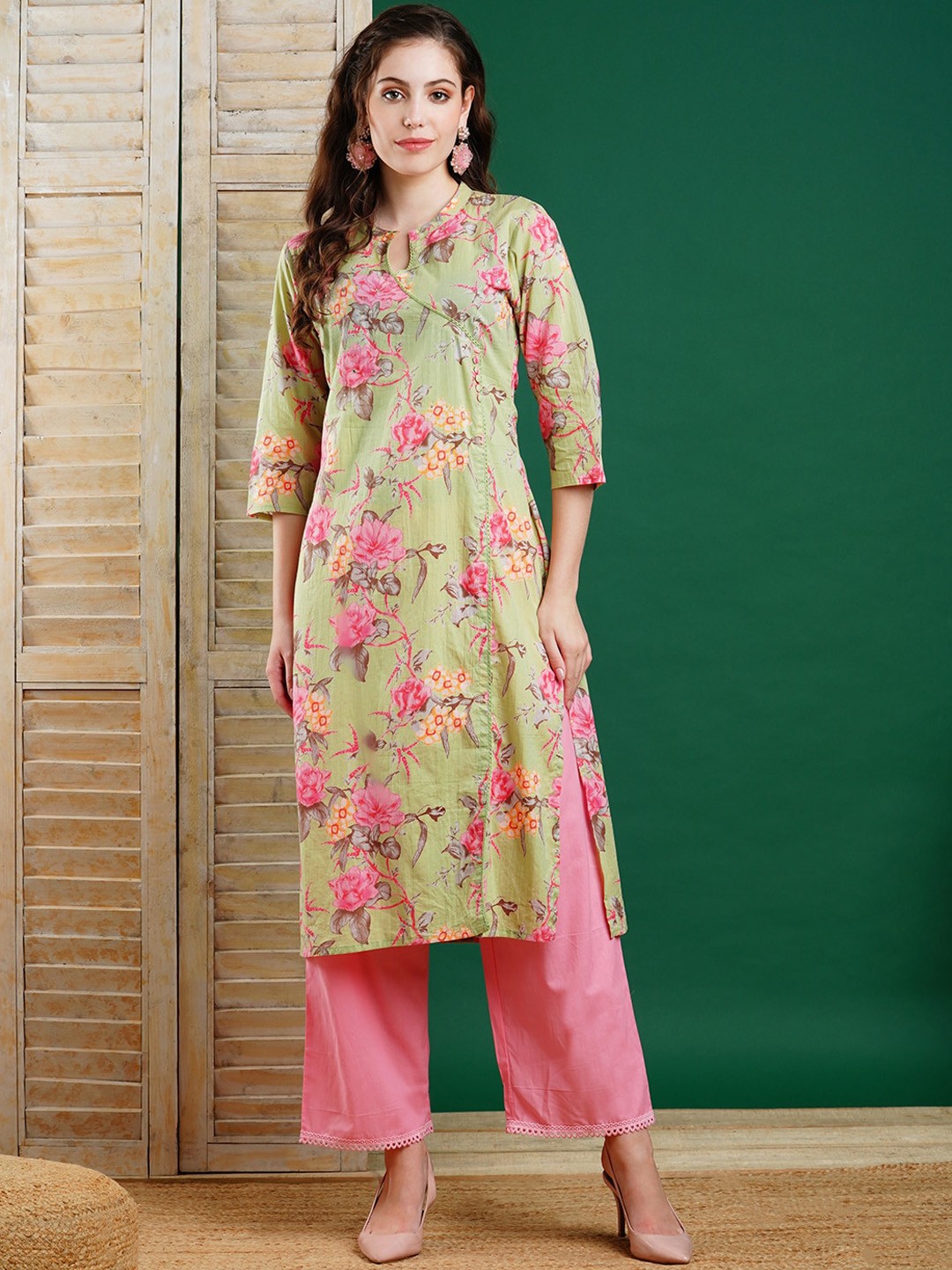 

FASHOR Floral Printed Band Neck Pure Cotton Straight Kurta, Green
