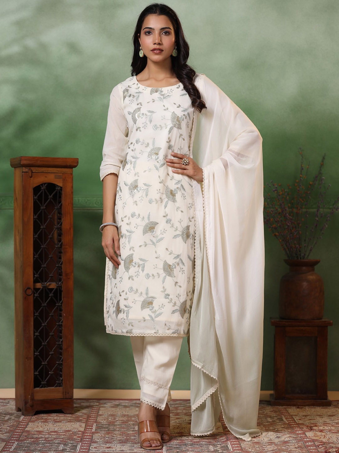 

FASHOR Floral Embroidered Zari Pure Cotton Straight Kurta with Trousers & Dupatta, Off white