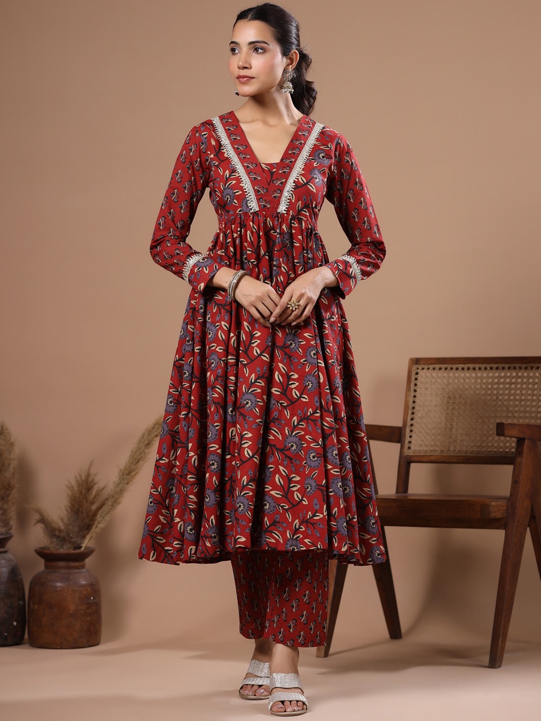 

FASHOR Floral Printed Empire Pure Cotton Kurta with Trousers, Rust