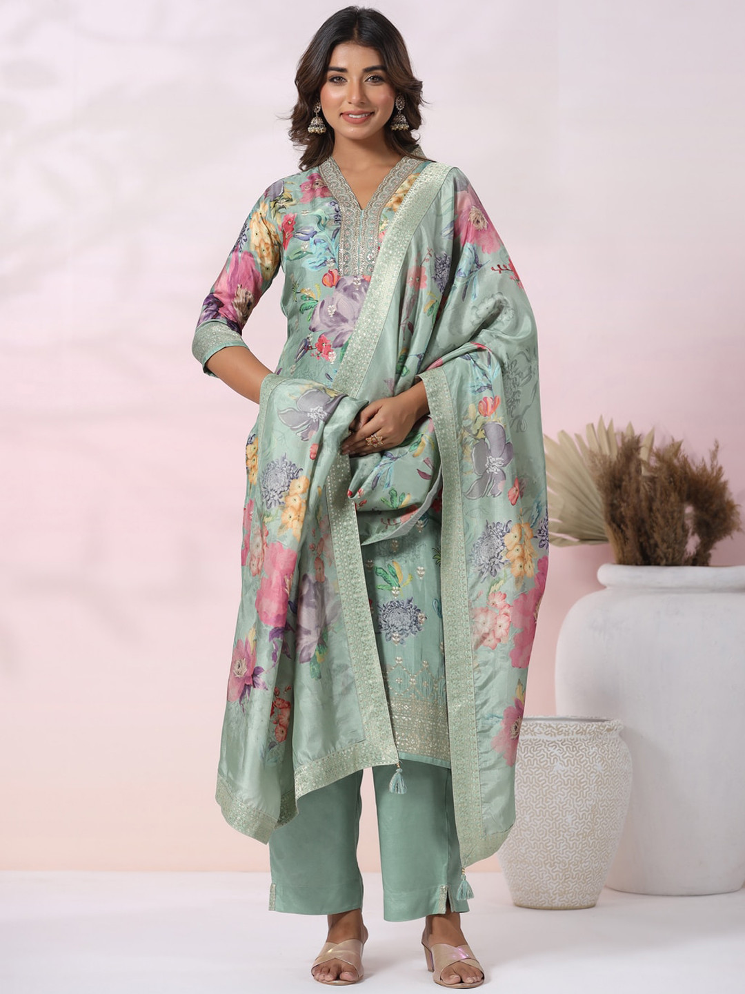 

FASHOR Floral Embroidered Regular Kurta with Trousers & With Dupatta, Sea green
