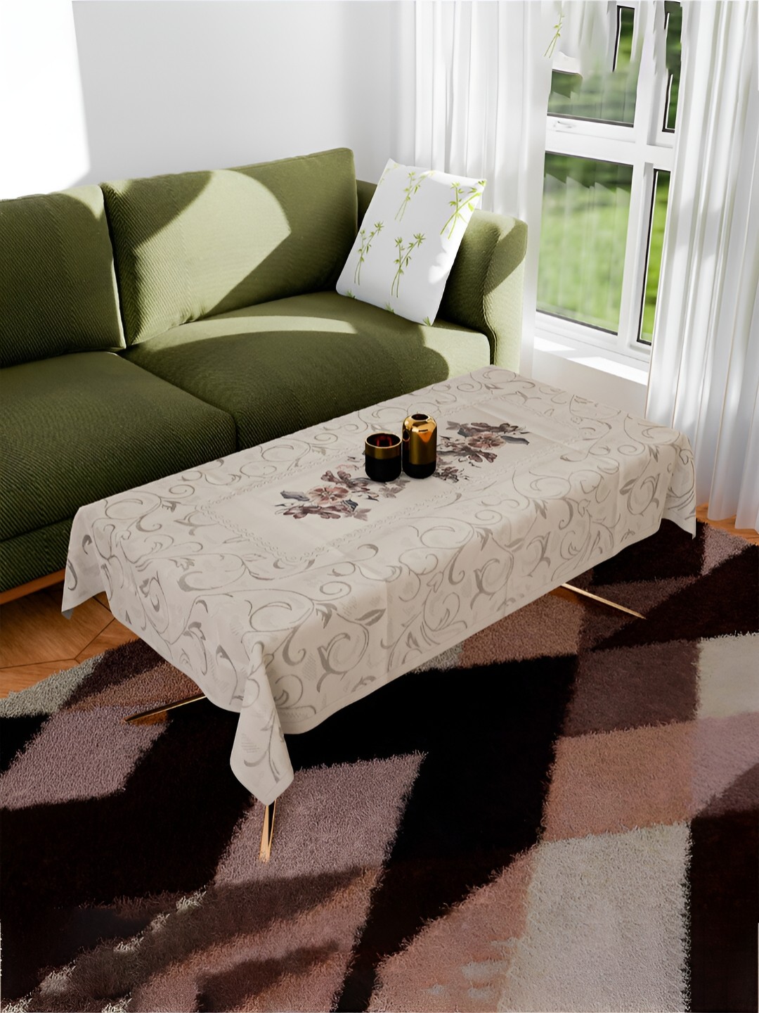 

Kuber Industries Cream & Grey Floral Printed Cotton Rectangle Table Cover