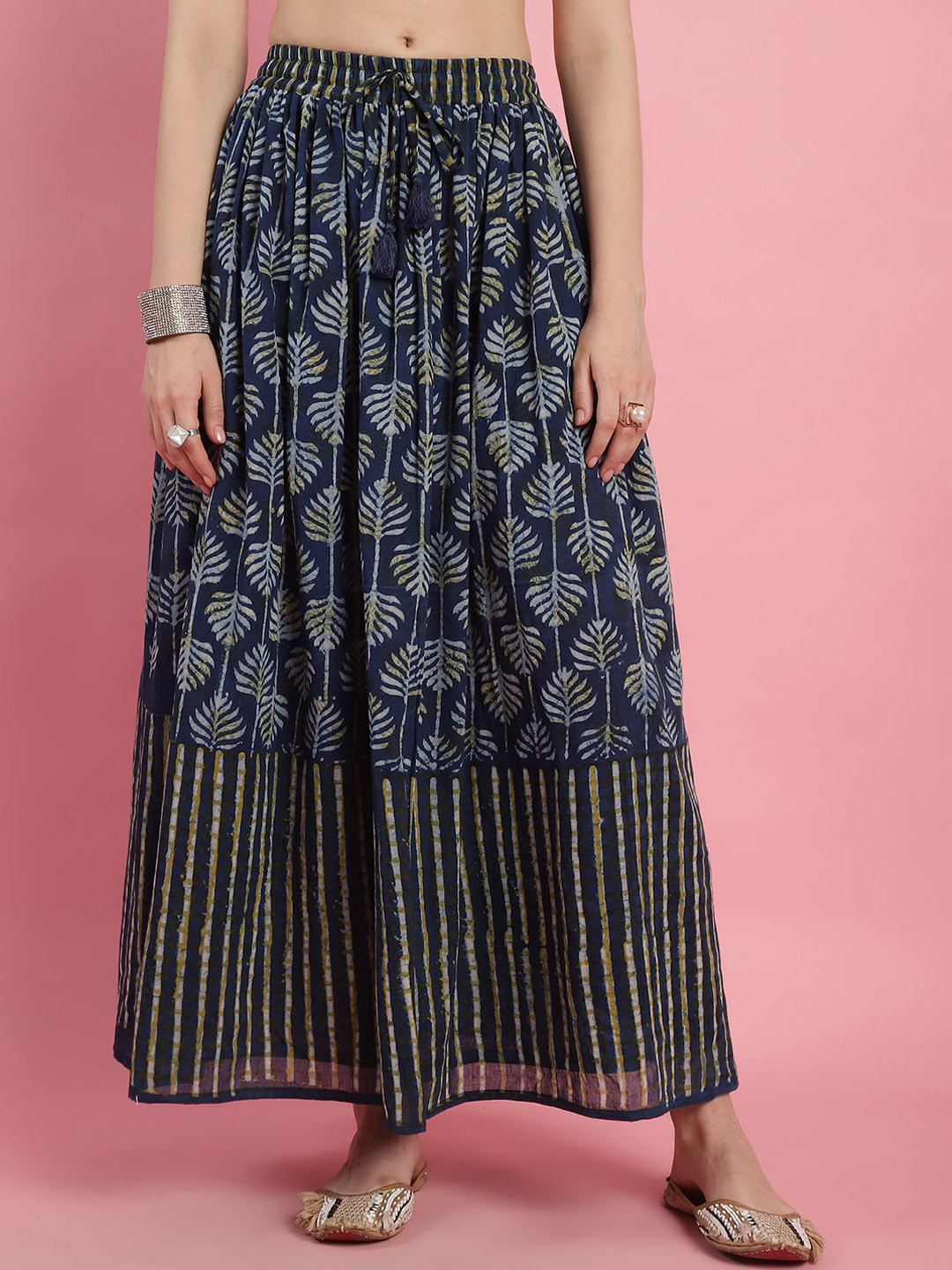 

Prakrti Floral Printed Cotton Flared Maxi Skirt, Blue