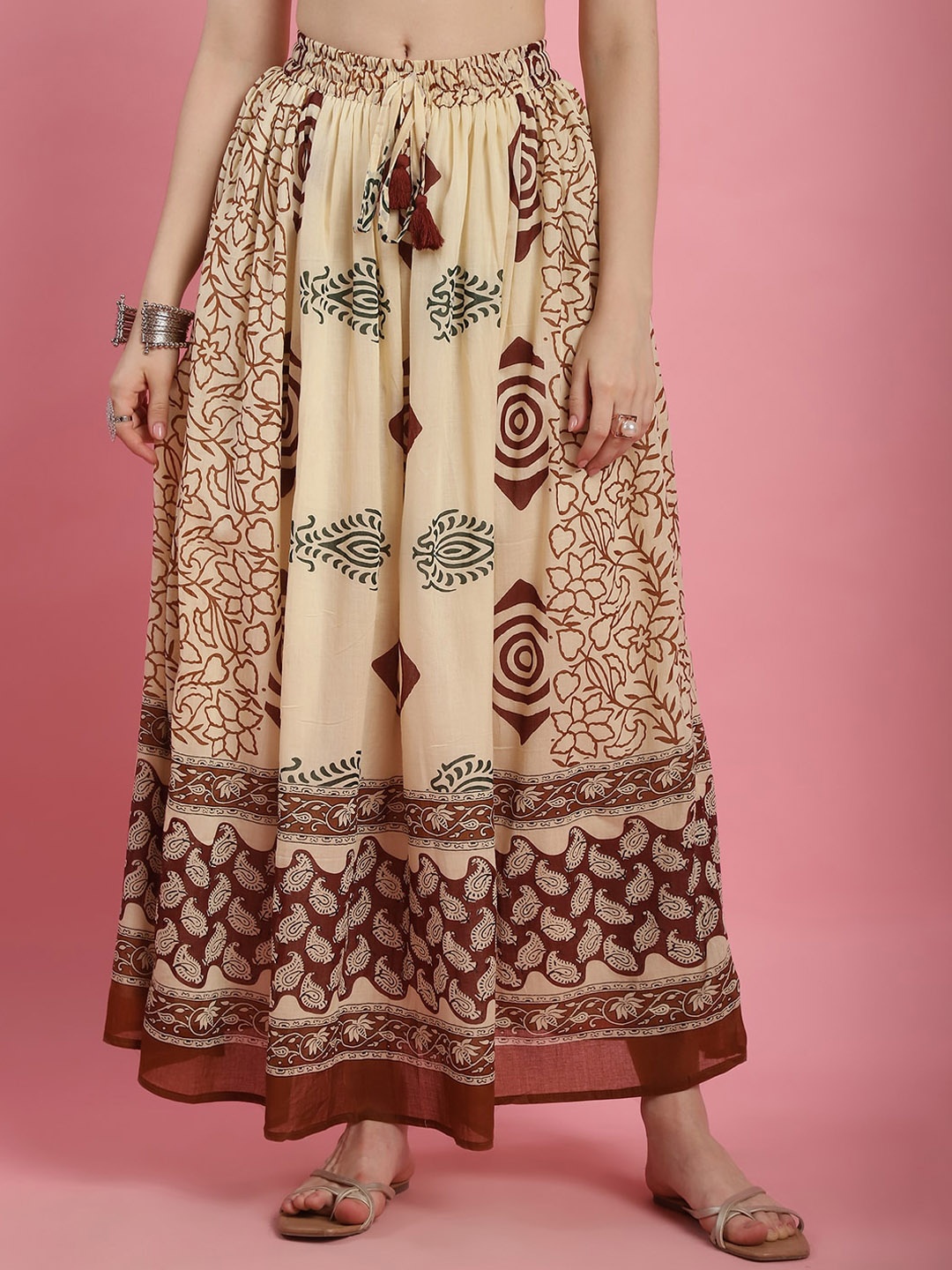 

Prakrti Cotton Ethnic Printed Flared Maxi skirts, Cream