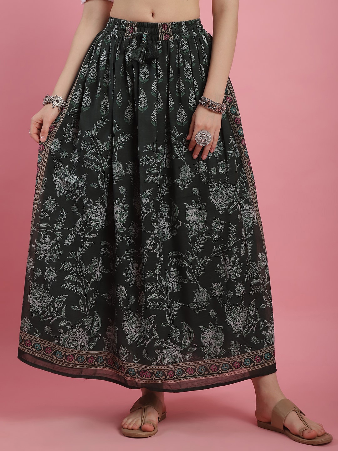 

Prakrti Printed Pure Cotton Flared Maxi Skirts, Green