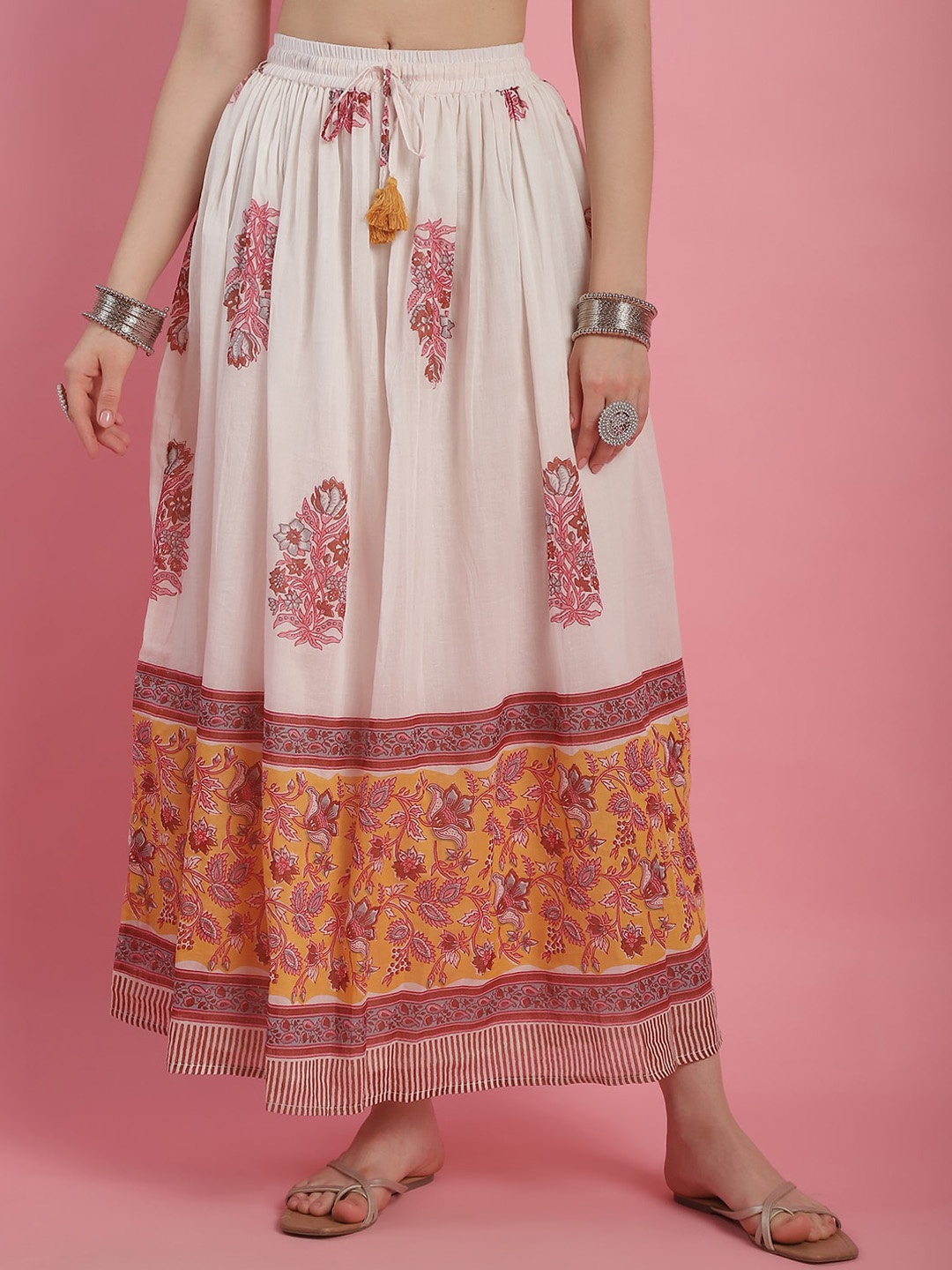 

Prakrti Printed Pure Cotton Flared Maxi Skirts, Off white