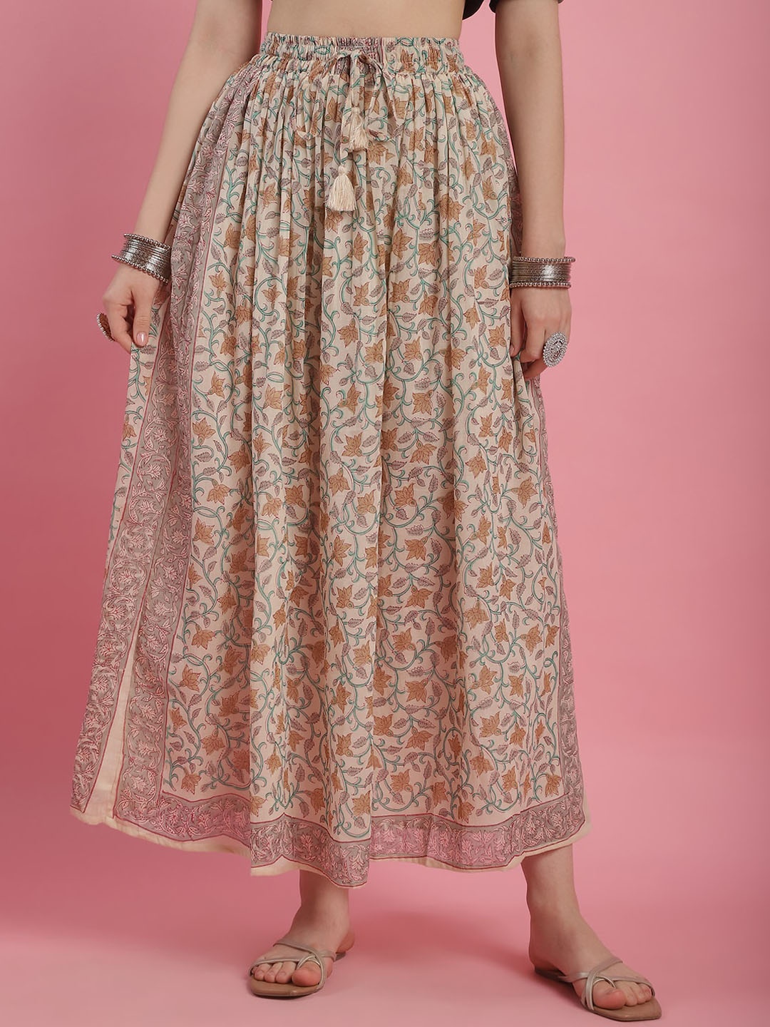 

Prakrti Printed Cotton Flared Maxi Skirt, Cream
