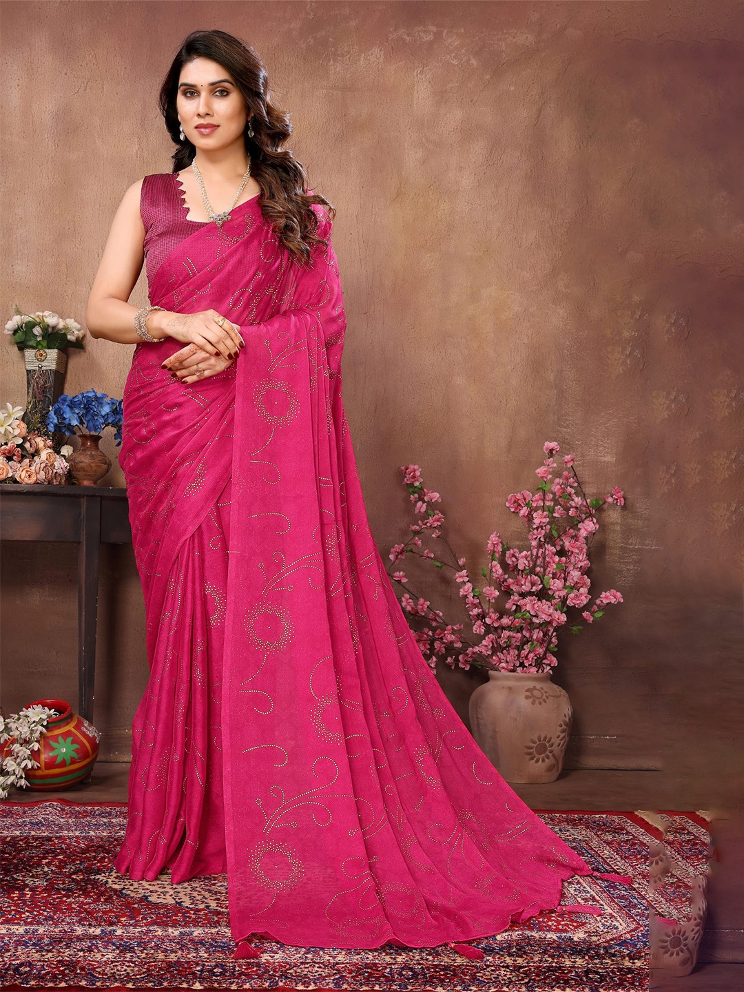 

Reeta Fashion Floral Saree with Tassels, Pink