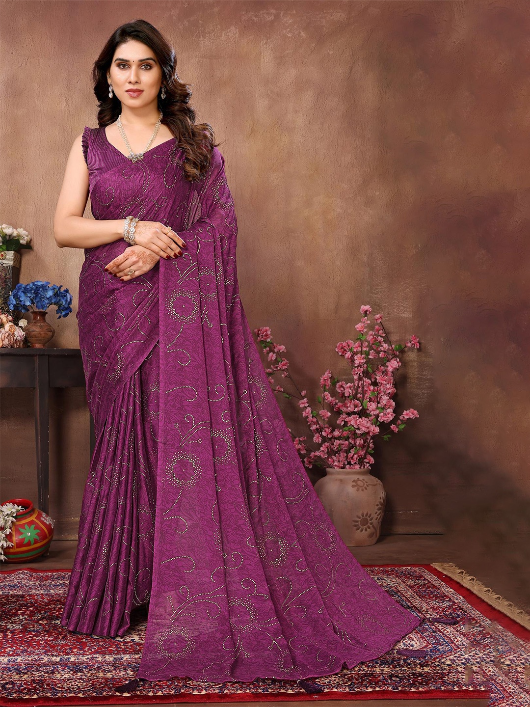 

Reeta Fashion Floral Beads and Stones Art Silk Designer Saree, Purple