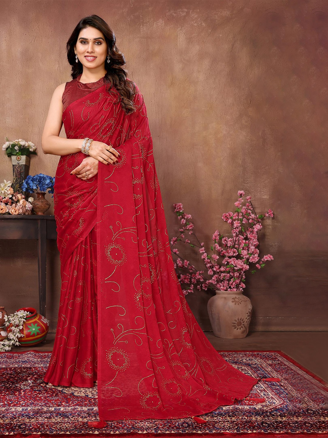

Reeta Fashion Embellished Beads and Stones Art Silk Saree, Red