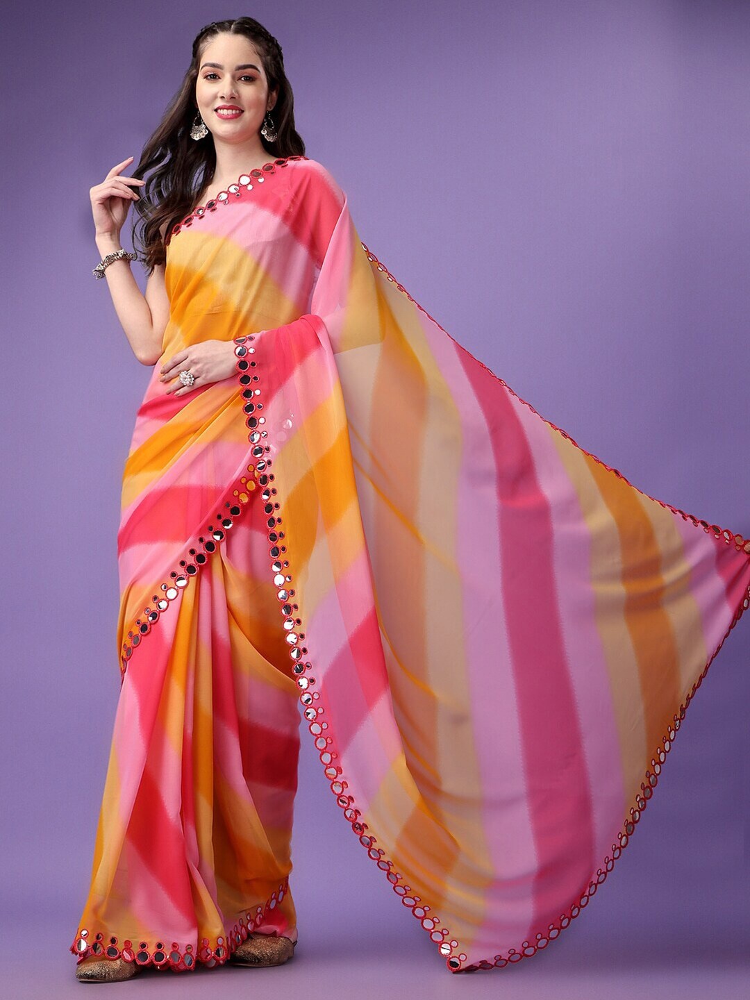 

Reeta Fashion Mirror Work Striped Pure Georgette Saree, Yellow