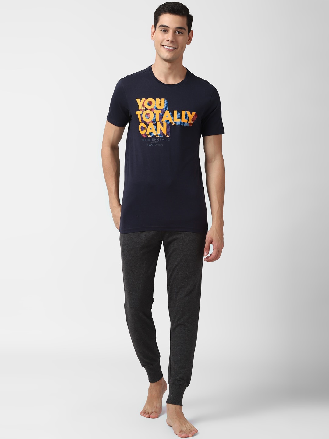 

Peter England Printed Pure Cotton T-Shirt & Joggers, Navy blue