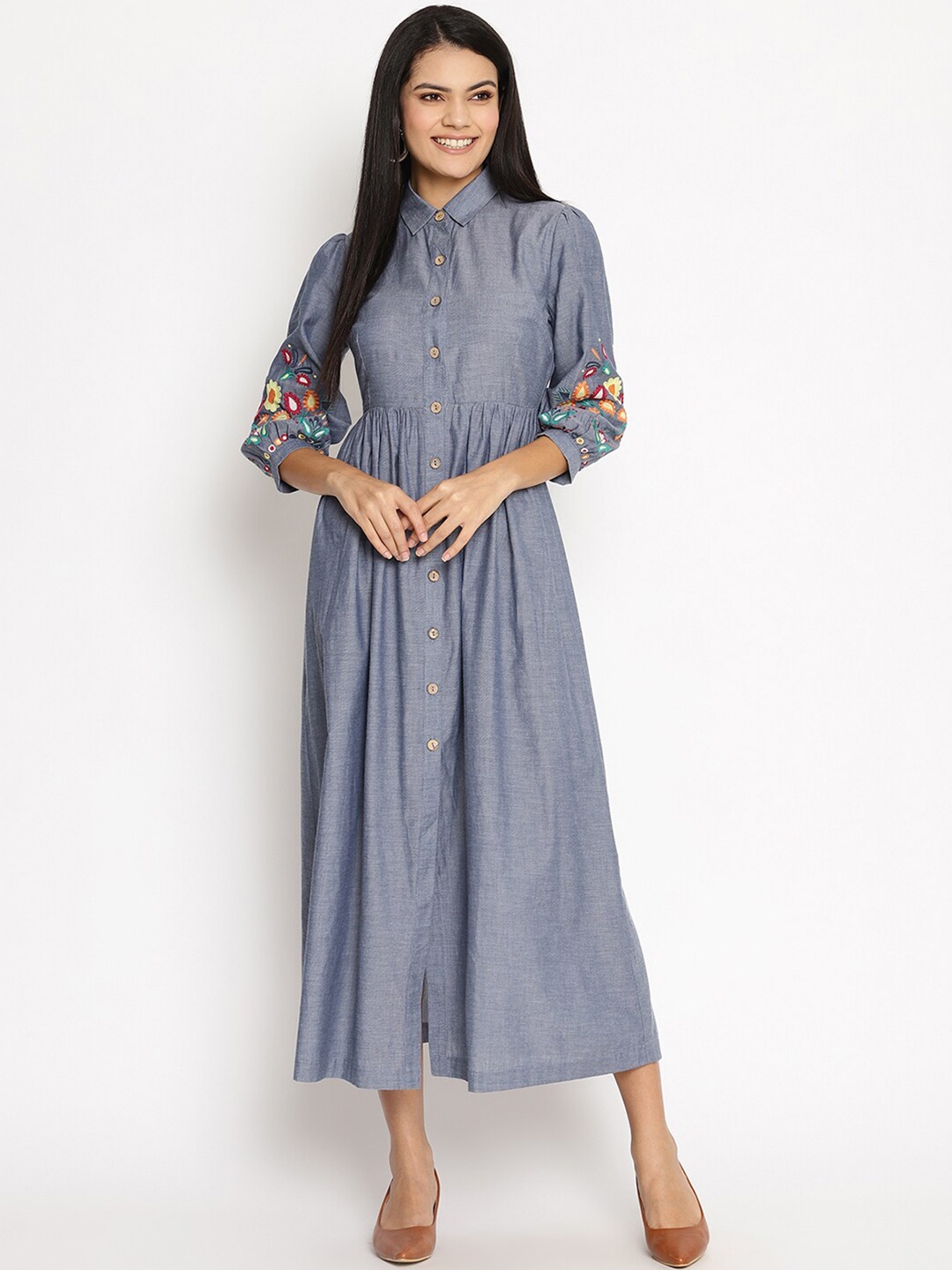 

HOUSE OF KKARMA Floral Embroidered Cotton Shirt Midi Dress, Grey