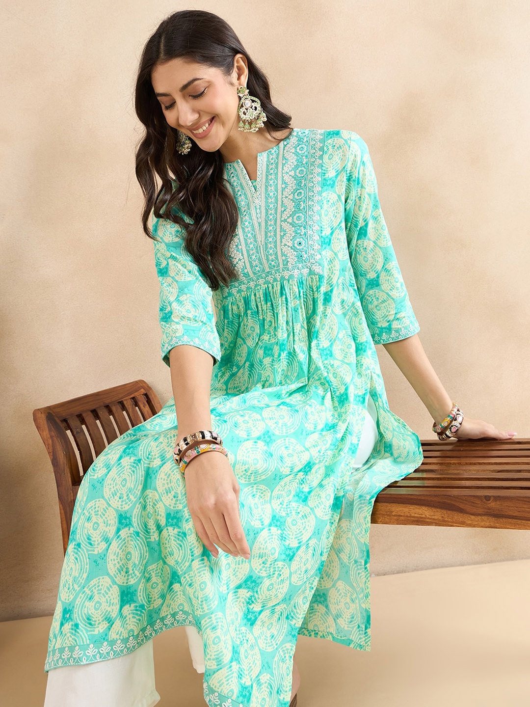 

Anouk Green Ethnic Motifs Printed Thread Work Cotton A-Line Kurta