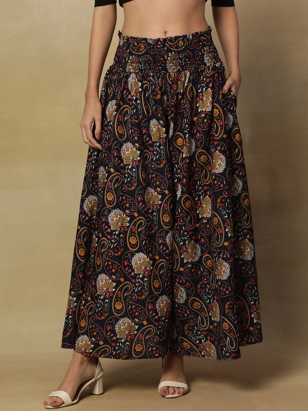 

Stuffie Land Women Ethnic Motifs Printed Flared Crepe Palazzos, Black