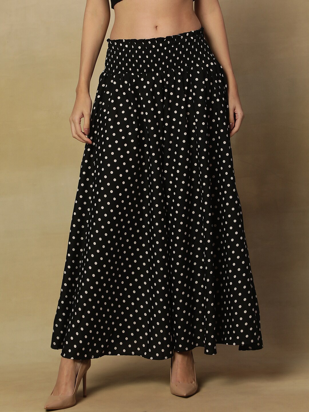 

Stuffie Land Women Polka Dot Printed Flared Crepe Palazzos, Black
