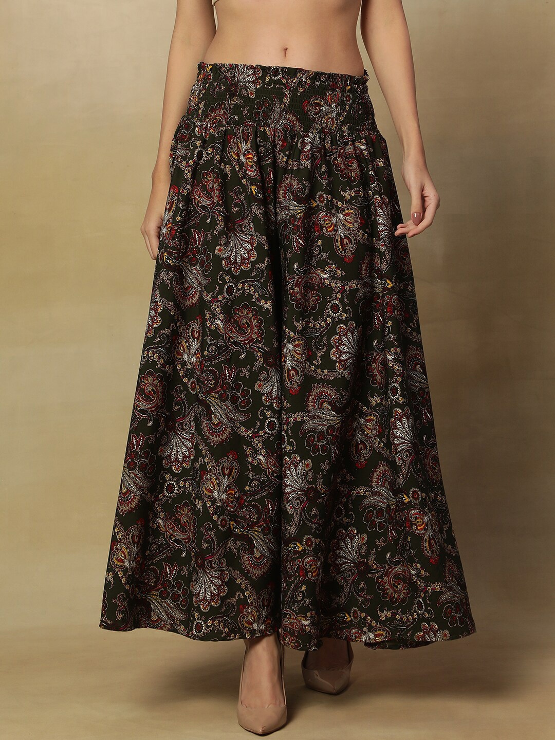 

Stuffie Land Women Ethnic Motifs Printed Flared Crepe Palazzos, Black