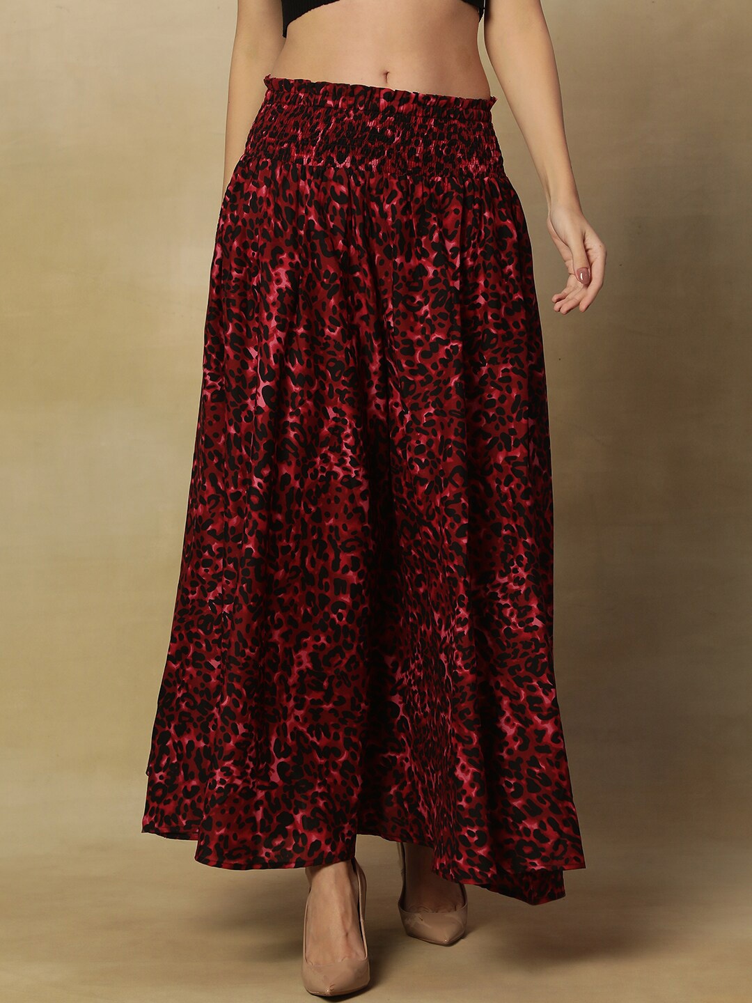 

Stuffie Land Women Animal Printed Flared Crepe Palazzos, Red