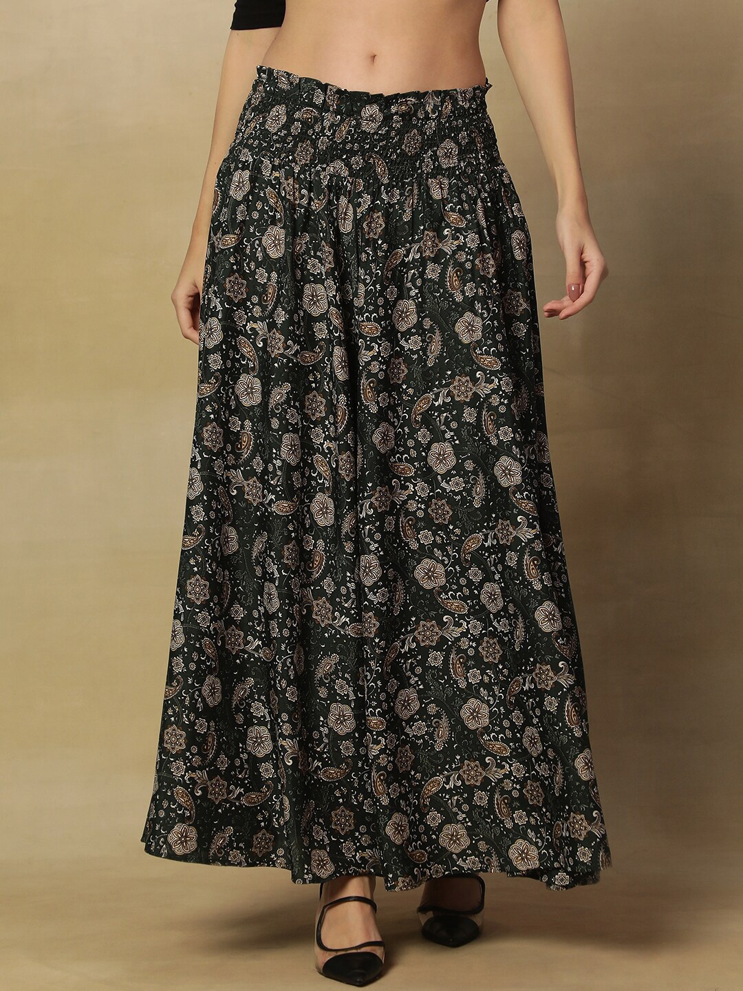

Stuffie Land Women Ethnic Motifs Printed Flared Crepe Palazzos, Black