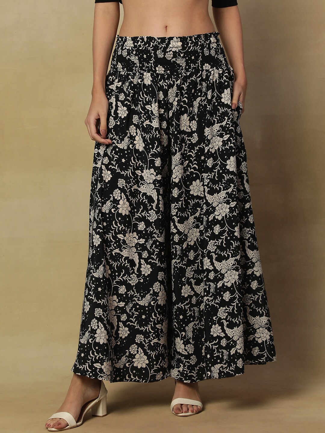 

Stuffie Land Women Floral Printed Flared Crepe Palazzos, Black