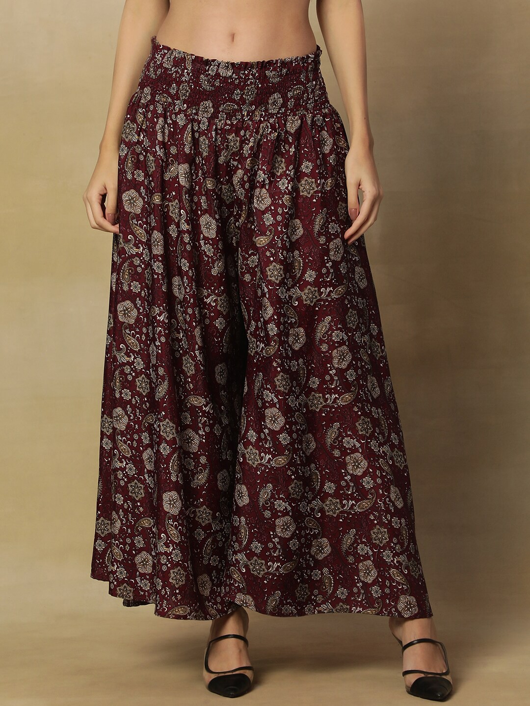 

Stuffie Land Women Floral Printed Flared Crepe Palazzos, Maroon