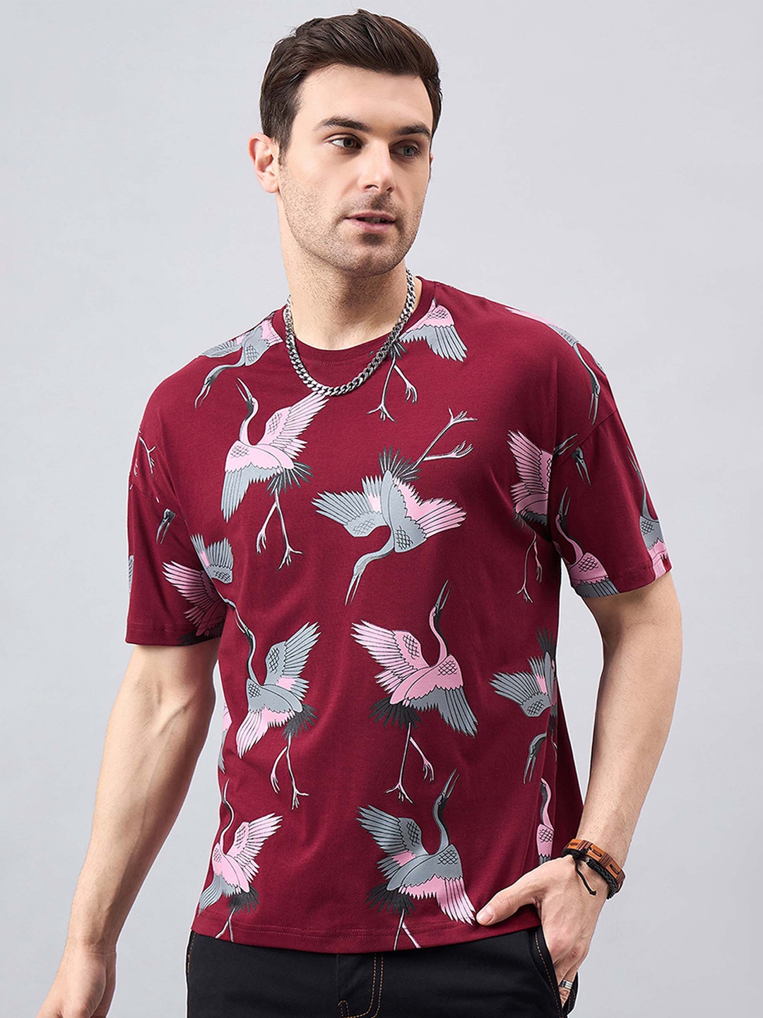 

GESPO Printed Round Neck Short Sleeves Cotton T-shirt, Maroon