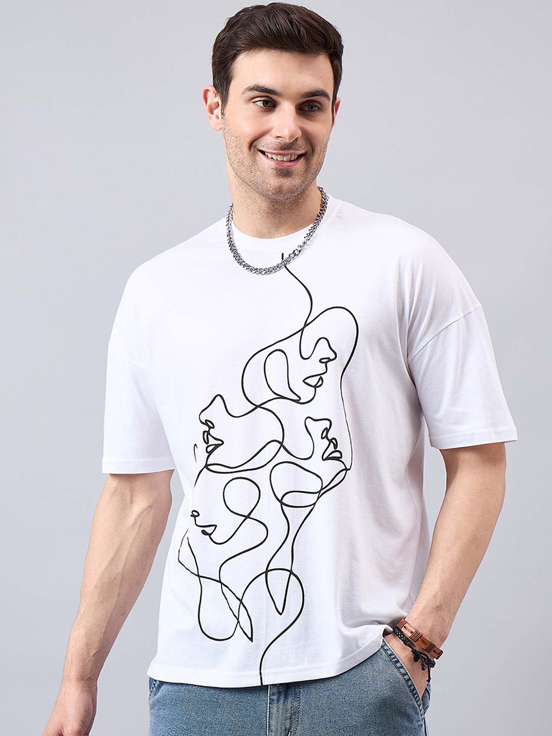 

GESPO Printed Round Neck Short Sleeves Cotton T-shirt, White