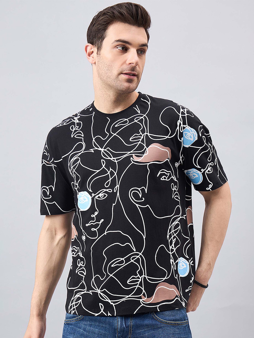 

GESPO Printed Round Neck Short Sleeves Cotton T-shirt, Black