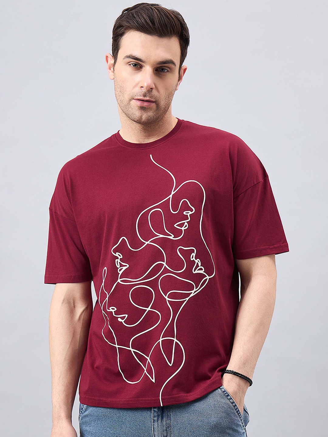 

GESPO Printed Round Neck Drop-Shoulder Sleeves Oversized T-shirt, Maroon