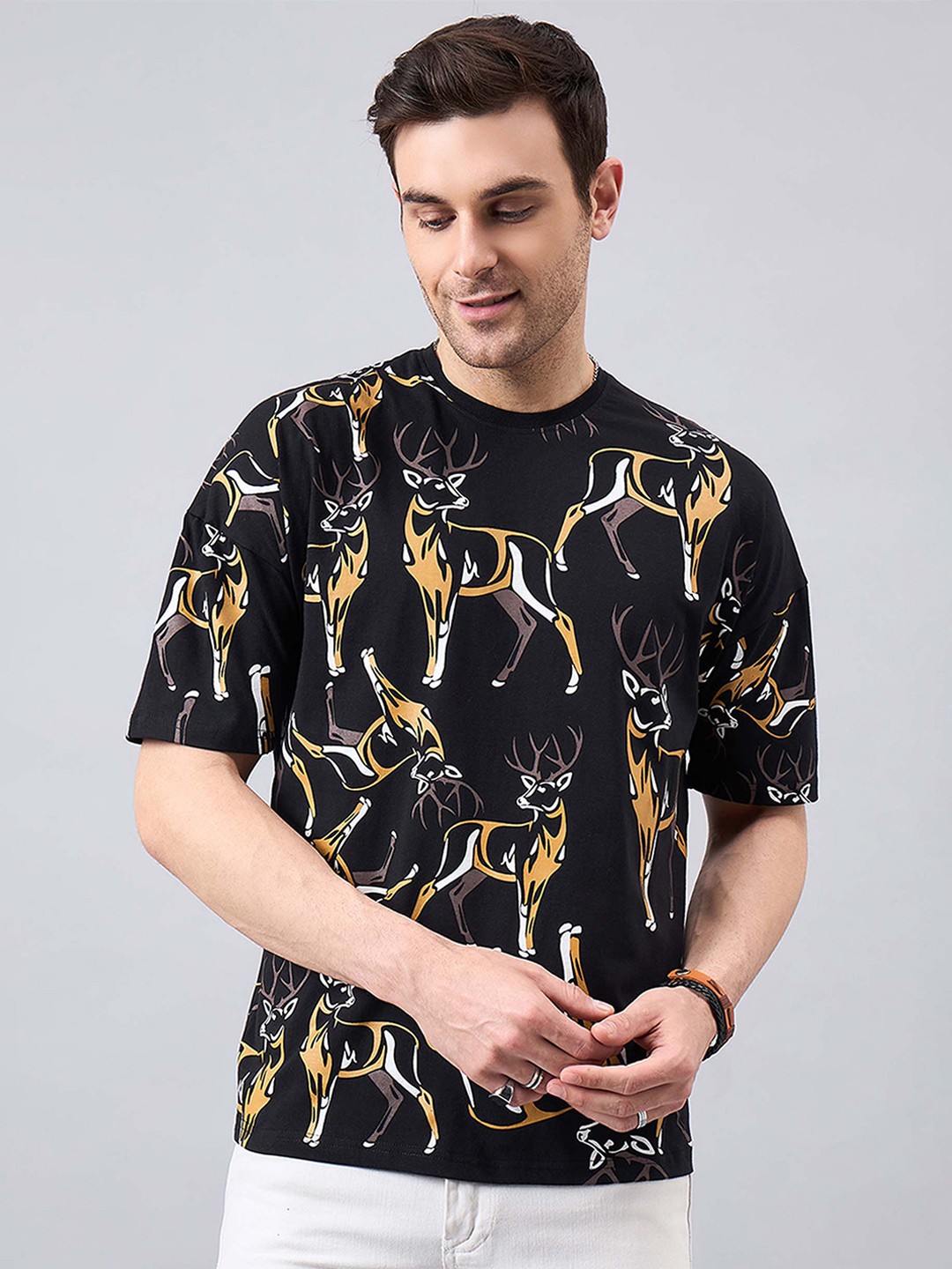 

GESPO Printed Drop-Shoulder Sleeves Oversized T-shirt, Black