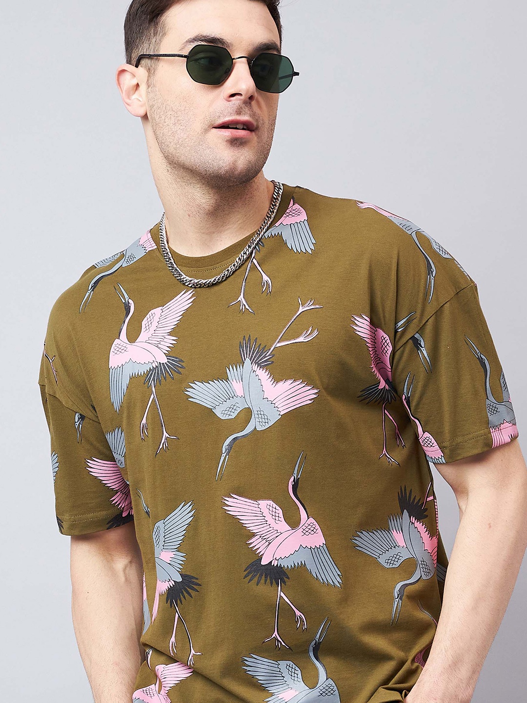 

GESPO Conversational Printed Round Neck Short Sleeves Cotton T-shirt, Olive