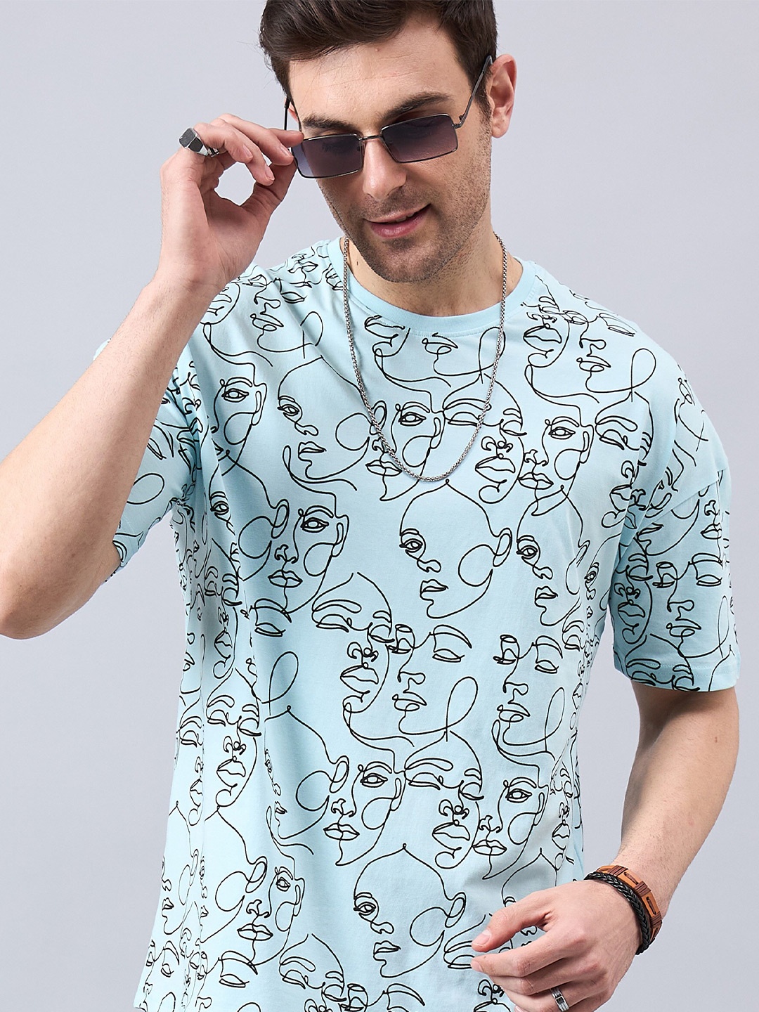 

GESPO Conversational Printed Round Neck Short Sleeves Cotton T-shirt, Turquoise blue