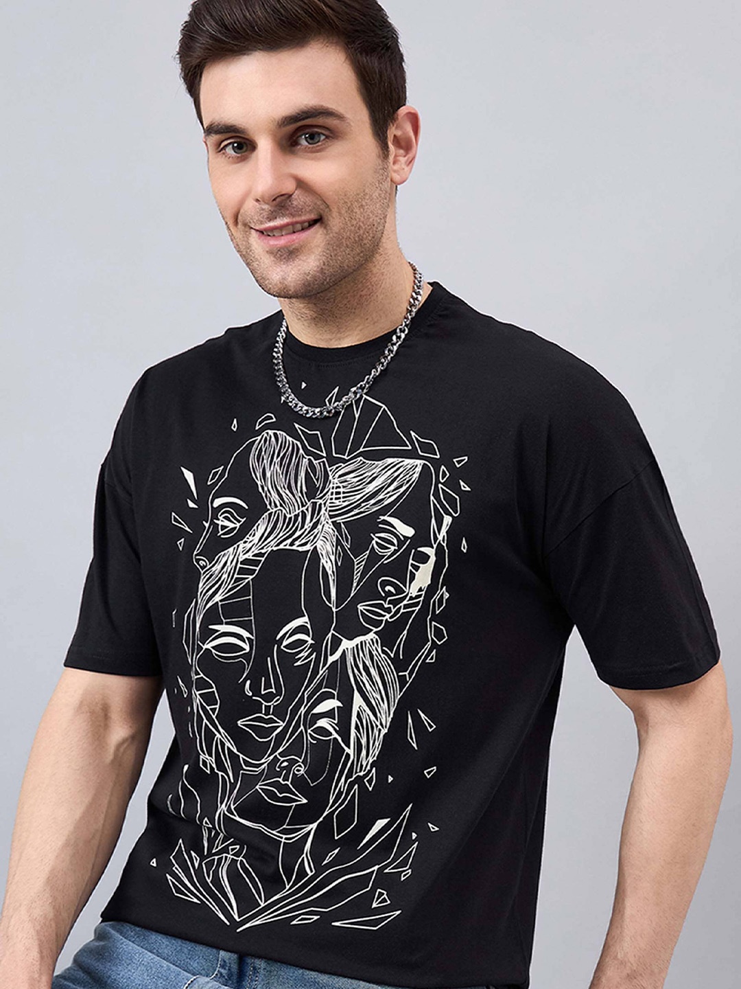 

GESPO Men Printed Round Neck Drop-Shoulder Sleeves Cotton Oversized T-shirt, Black