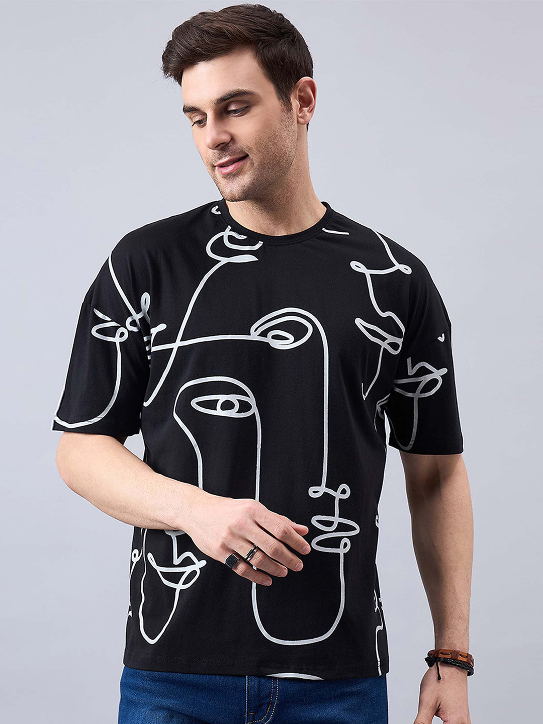 

GESPO Printed Drop-Shoulder Sleeves Oversized T-shirt, Black