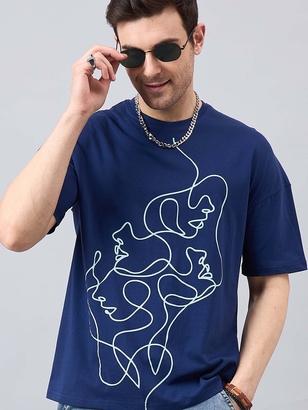 

GESPO Round Neck Drop Shoulder Sleeves Graphic Printed Oversized Cotton T-shirt, Blue
